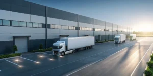Light industrial real estate warehouse with trucks, a top investment in the best markets.