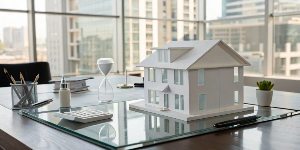 Calculating how to reduce capital gains tax on real estate with a model house and paperwork.
