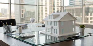 Calculating how to reduce capital gains tax on real estate with a model house and paperwork.