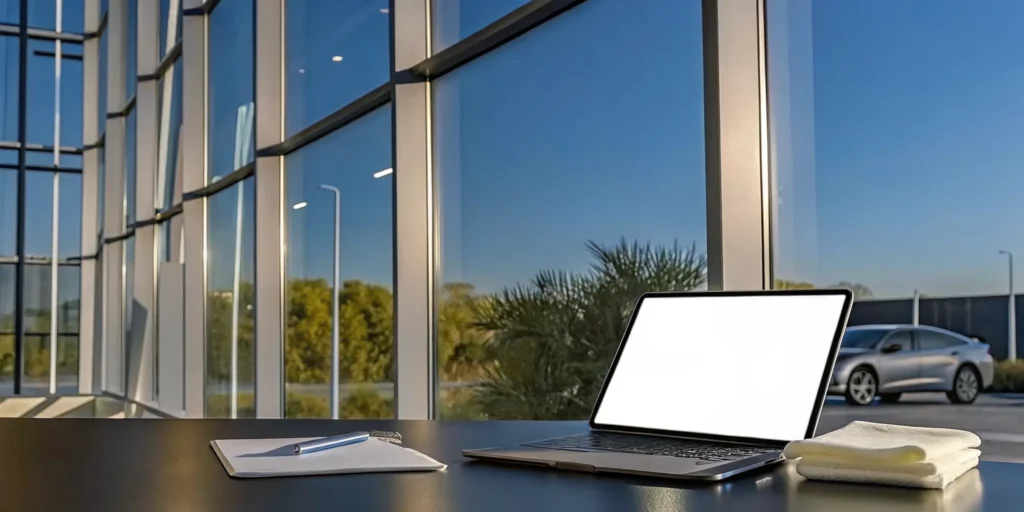 Analyzing express car wash investment returns on a laptop with a car visible outside.