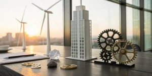 Models of alternative investments like real estate and infrastructure on an investment professional's desk.