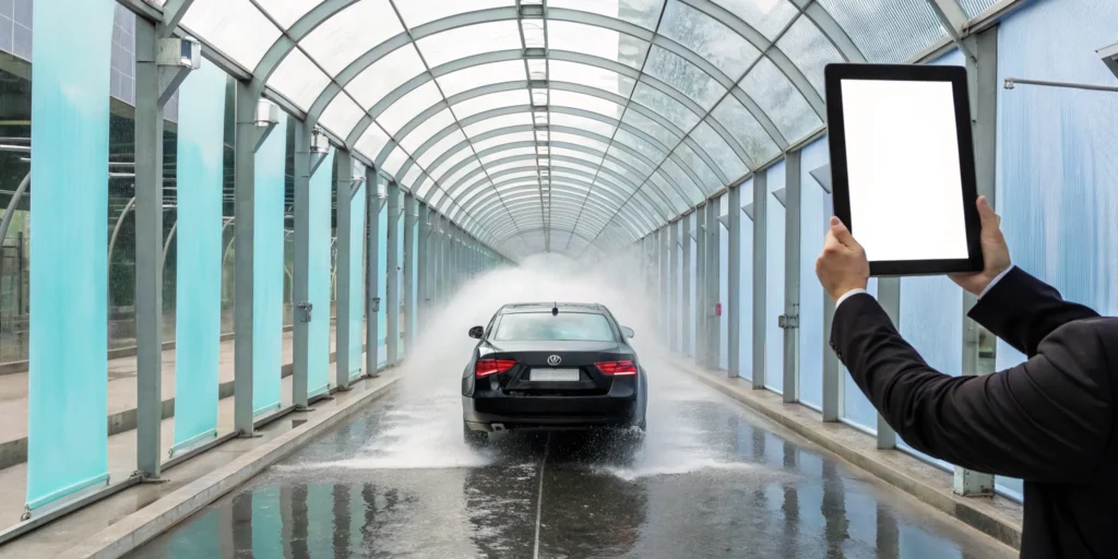 A car wash business owner checks profitability on a tablet as a car goes through the automatic wash.