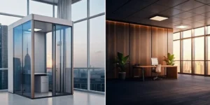 Modern flex space real estate office with glass walls and an open workspace.