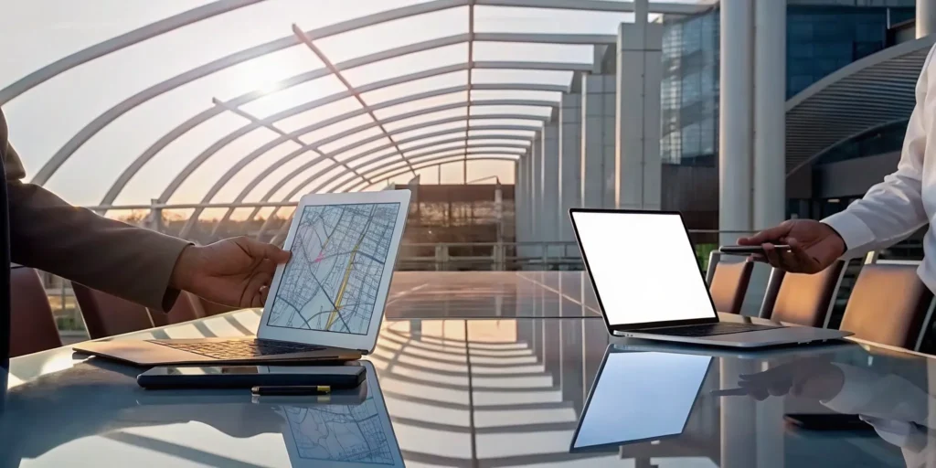Two investors review how car wash syndication works on their laptops.