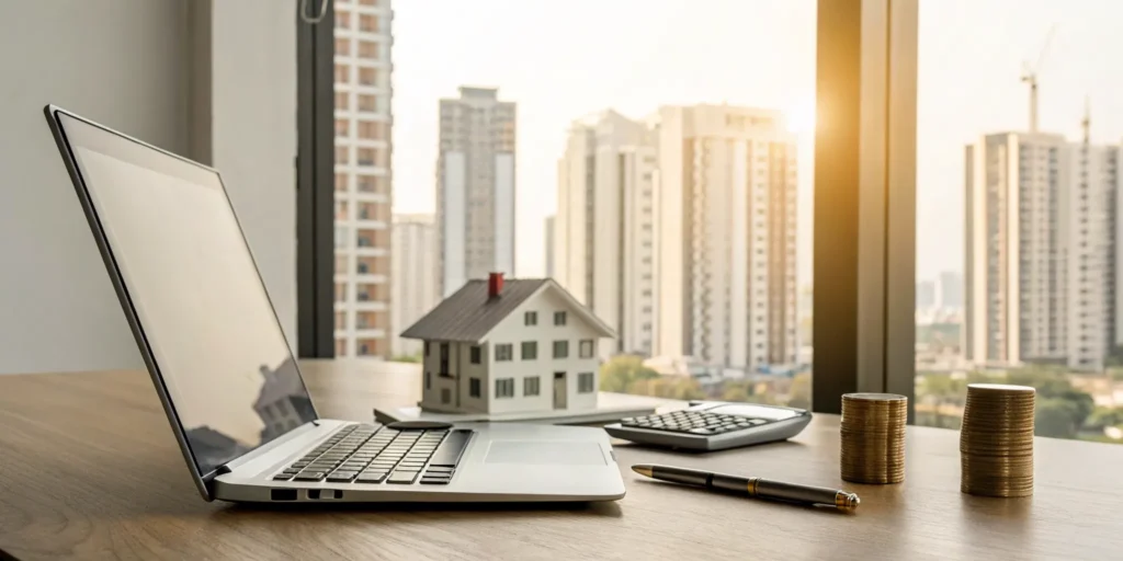 A calculator and house model on a desk for calculating real estate cash flow.