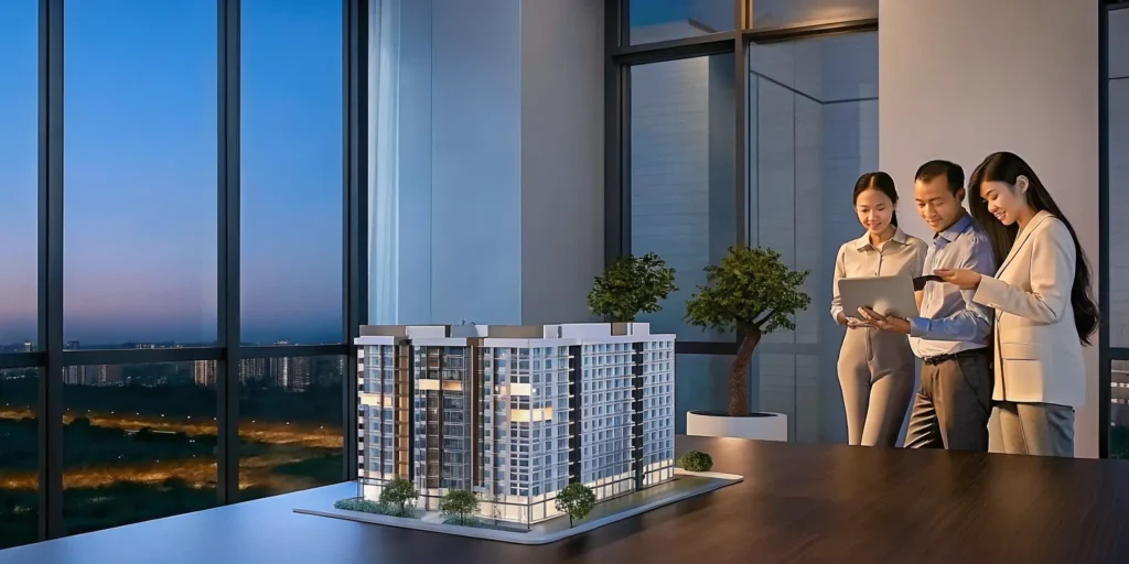 Investors review a building model to invest in real estate syndication deals.