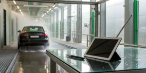 A tablet and pen on a table, used for analyzing if owning a car wash is profitable as a car is cleaned.