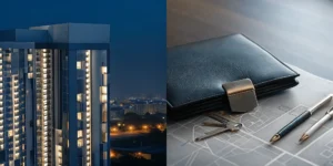 Documents comparing private real estate funds vs REITs on a desk in front of a modern high-rise.