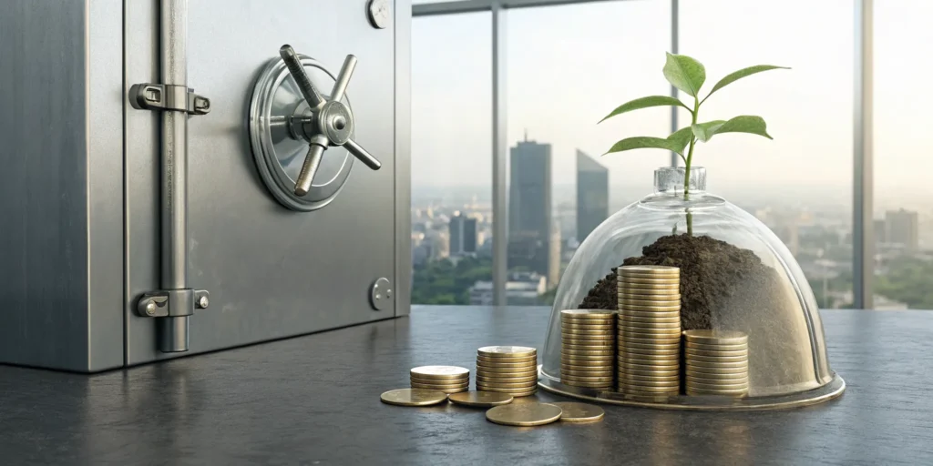 A plant growing from coins in a safe, showing the growth of high yield safe investments.