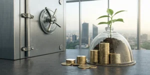 A plant growing from coins in a safe, showing the growth of high yield safe investments.
