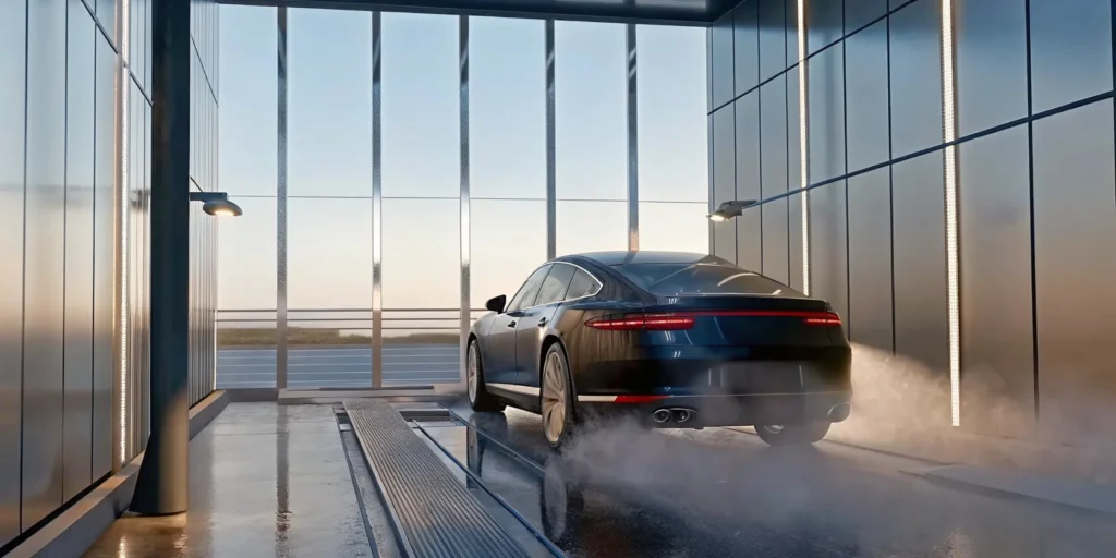 A car in an automated wash, a focus of private equity market trends.