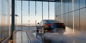 A car in an automated wash, a focus of private equity market trends.