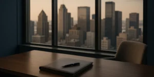 A quiet executive office with a leather portfolio and pen on a walnut desk beside large windows overlooking a city skyline at golden hour.
