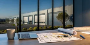 Desk with laptop and blueprints for analyzing a flex space investment property.