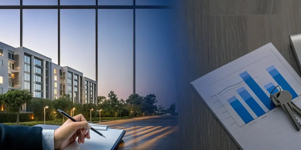Apartment buildings, keys, and charts for buying cash flow investment properties.
