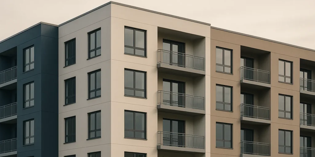 Modern multifamily residential building exterior with clean architectural lines at calm daylight in muted institutional tones.