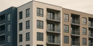 Modern multifamily residential building exterior with clean architectural lines at calm daylight in muted institutional tones.