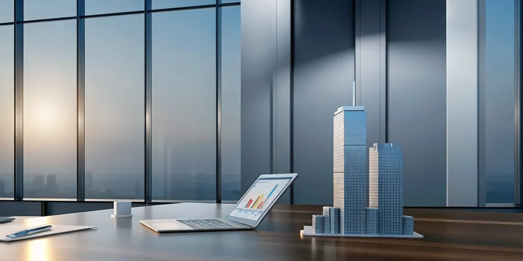 Skyscraper model and laptop with charts for an accredited investor researching real estate funds.