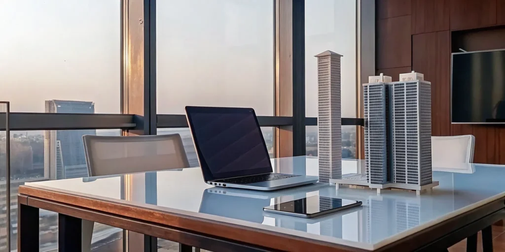 An accredited investor's desk with models of top real estate syndication platform deals.