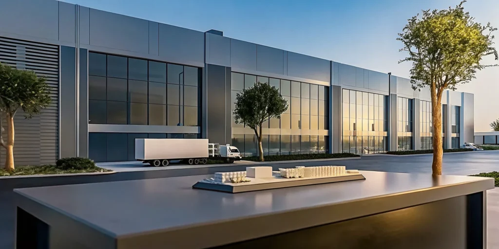 Modern flex industrial real estate with office space and warehouse loading docks.