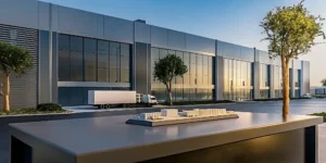 Modern flex industrial real estate with office space and warehouse loading docks.