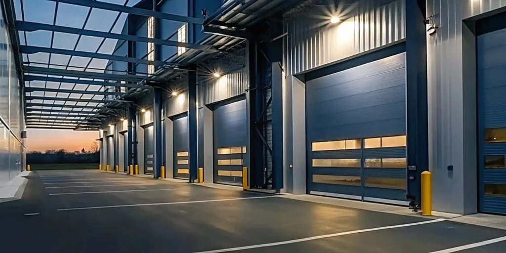 Modern flex industrial property with office entrances and warehouse bays