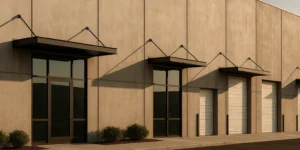 Concrete facade of a flex industrial building with glass entries and roll-up doors in raking morning light