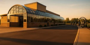 Modern express car wash building with a glass tunnel canopy and vacuum stations at golden hour