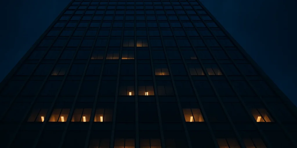 Glass office tower facade at dusk with scattered lit windows, viewed from street level