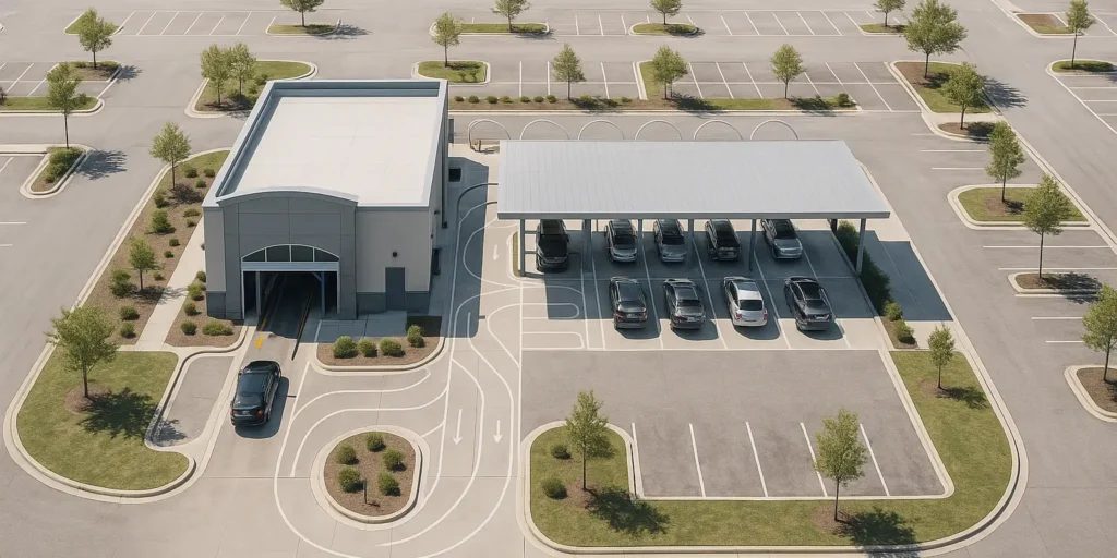 Aerial view of an express car wash site with queue lanes and a vacuum canopy in a suburban retail area