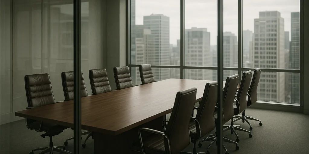 Empty modern boardroom with a long wood table and leather chairs seen through a glass wall, city skyline beyond