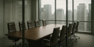 Empty modern boardroom with a long wood table and leather chairs seen through a glass wall, city skyline beyond