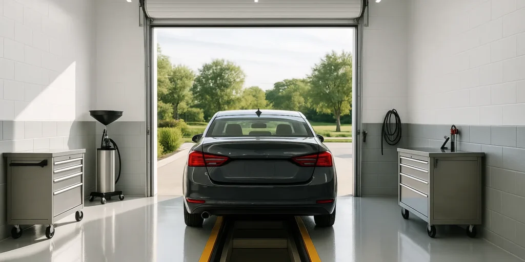 A sedan parked over the service pit in a clean, modern quick-lube bay with the roll-up door open