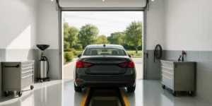 A sedan parked over the service pit in a clean, modern quick-lube bay with the roll-up door open