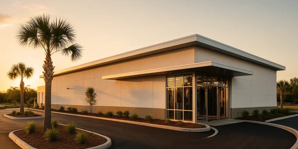 Newly built single-story commercial building in central Florida at golden hour, with palm trees and fresh landscaping